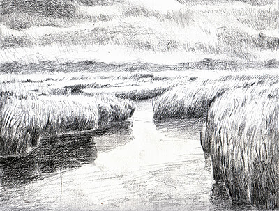 Katherine Kean, ALmost Raining, Great marsh, drawing, Cape Cod