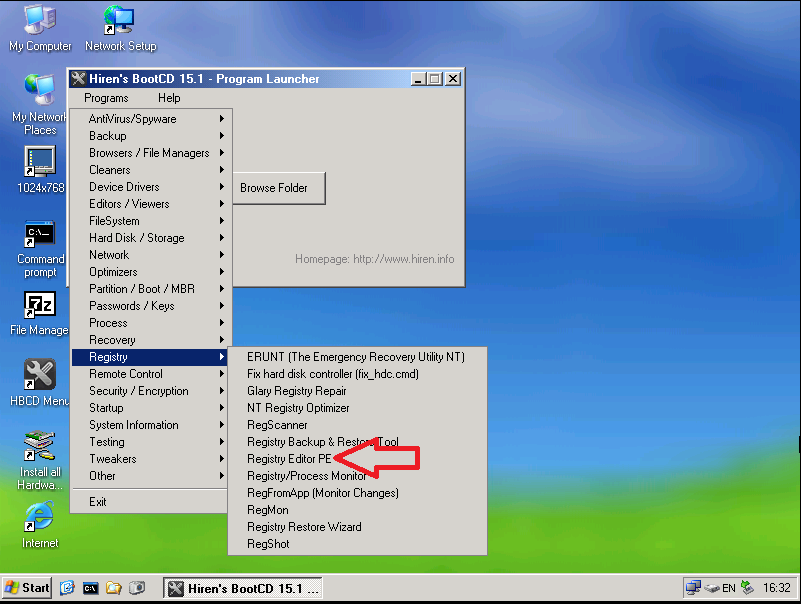 HBCD. Windows pe Hiren. Registry Editor pe. Hirens Boot change password Utility