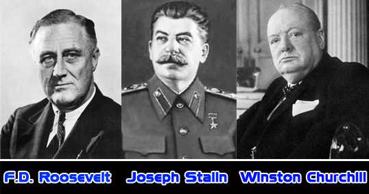 Foto Franklin Delano Roosevelt, Joseph Stalin  dan Winston Churchill