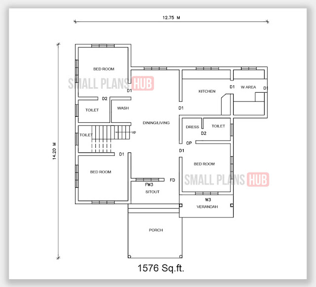 1576 Sq.ft.3 bedroom Single Floor plan and elevation