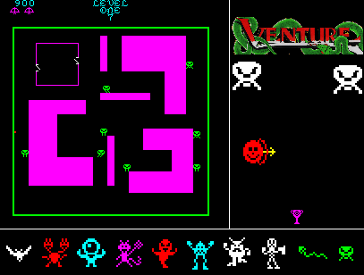 Animation of the 1981 arcade game, Venture, by Exidy.  It shows a section of gameplay and the sprites for the monsters and treasures.