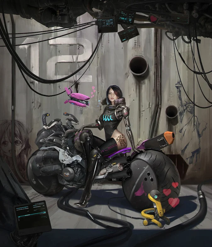 Cyberpunk Biker Girl - Illustration by Dunhuang Chen