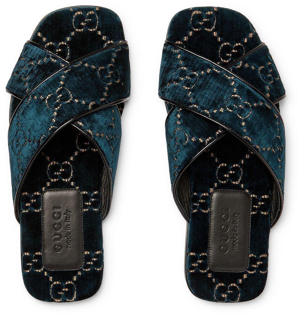 Toes Out, Style Up: Gucci Petrol Leather-Trimmed Logo-Embroidered ...