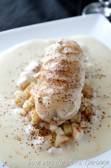 Filet de poulet aux écailles de poire et velouté de topinambour