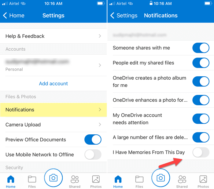 Cómo deshabilitar las notificaciones de OneDrive en este día en iOS