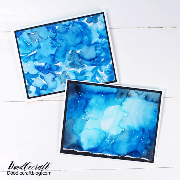 Greeting cards made with a galaxy watercolor background using pantone color of the year: classic blue.