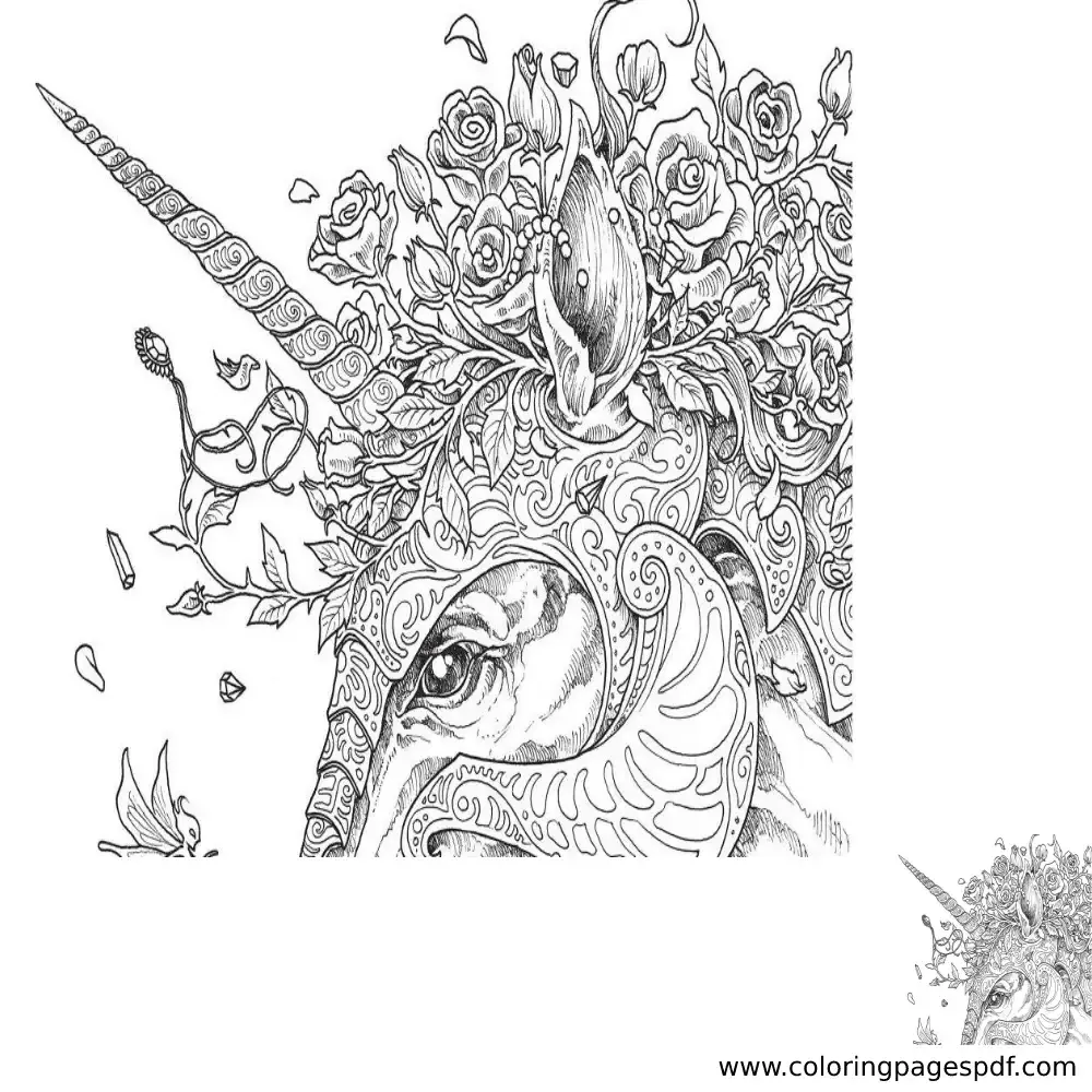 Coloring Page Of A Realistic Unicorn With Flowers And A Helmet