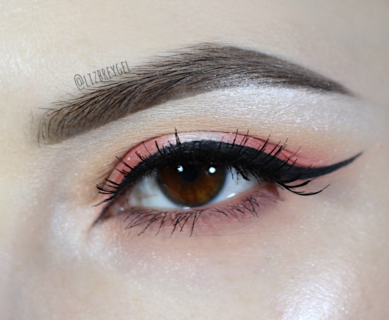 a close-up of a brown eye with living coral festive eye look for the new year's party