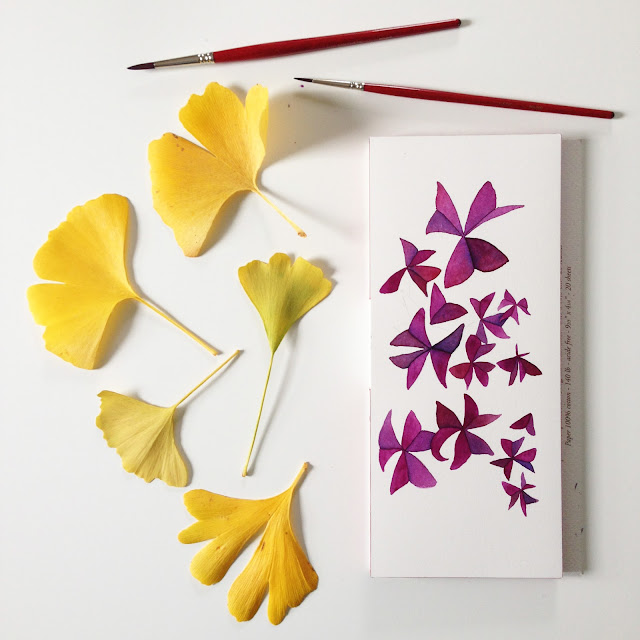 watercolor, nature, ginkgo leaves, oxalis leaves, botanical watercolor, botanical art, Anne Butera, My Giant Strawberry