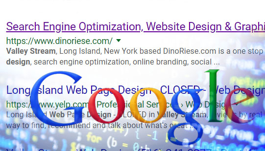DinoRiese.com as a search result with the Google logo and code overlaid | DinoRiese.com