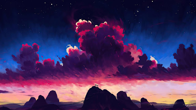 Sunset, Clouds, Night sky, Travelers, Hill, Art