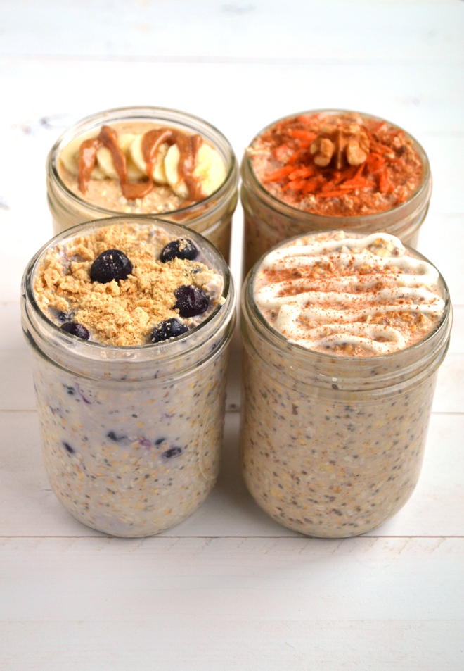 Easy Overnight Oats made 4 different ways! All indulgent sounding flavors but they are quite nutritious- Peanut Butter Banana, Blueberry Cheesecake, Cinnamon Roll and Carrot Cake Overnight Oats. www.nutritionistreviews.com