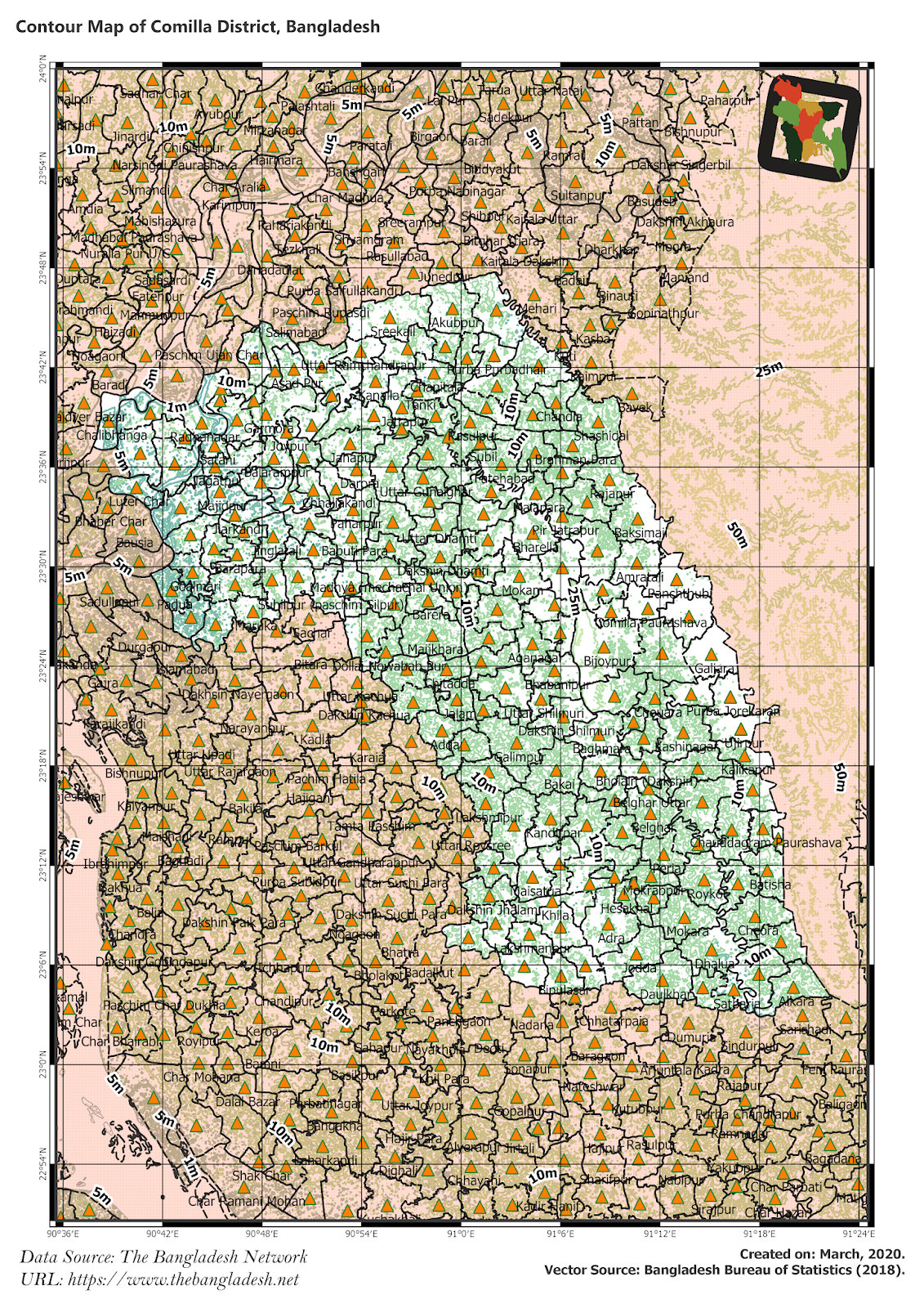 Elevation Map of Comilla District of Bangladesh