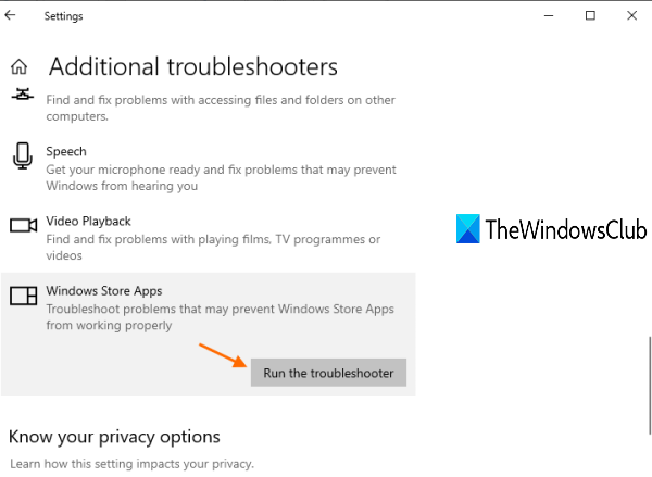 exécuter l'outil de dépannage des applications du Windows Store