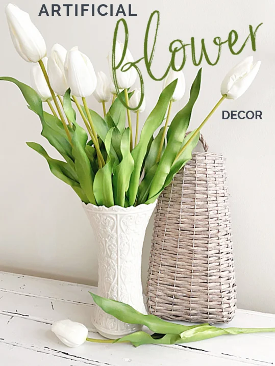artificial flowers in a vase with Pinterest overlay