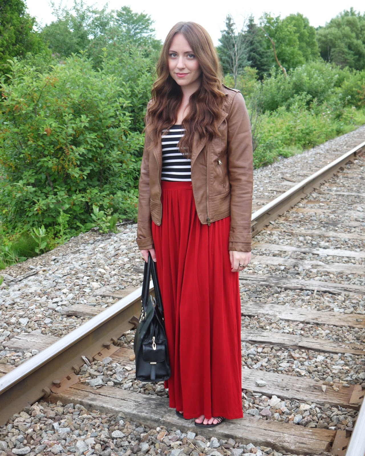 Outfit {Red Maxi + Stripes + Brown Leather} | Closet Full of Thrills