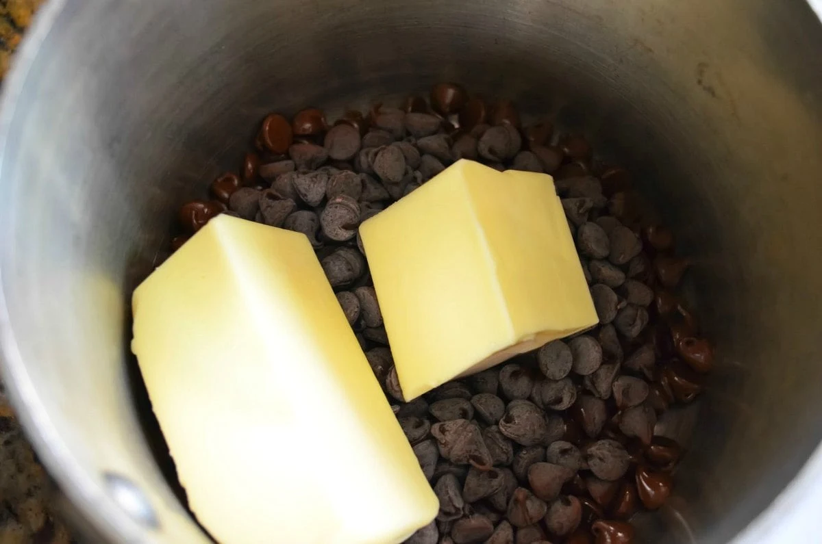 Butter and chocolate chips in a large sauce pan.