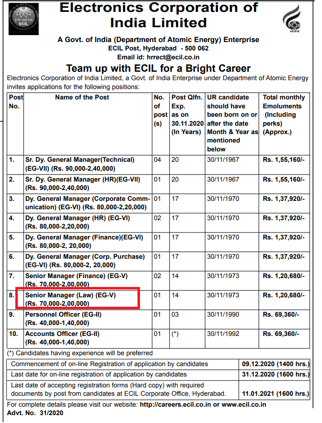 Sr. Manager Law at Electronic Corporation of India Ltd. - last date 31/12/2020