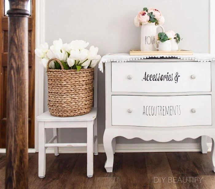 white painted entryway dresser