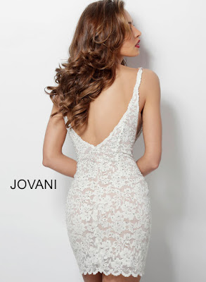 Ivory Lace Plunging Cocktail Jovani Red Carpet short Dress back design