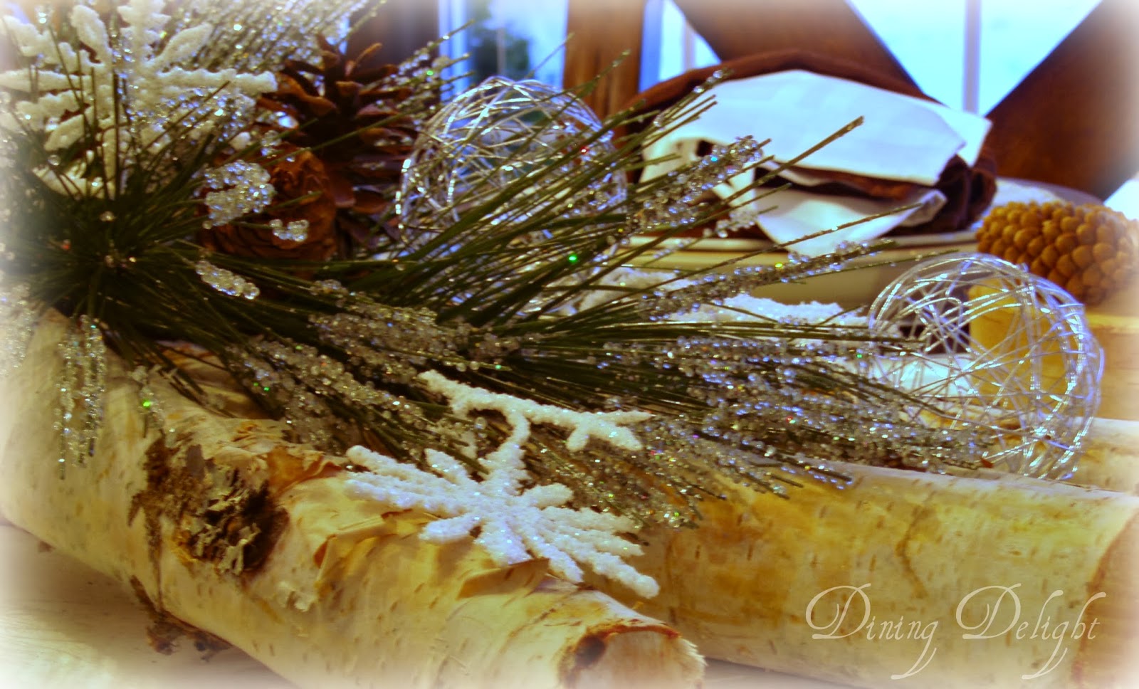 Birch Logs & Pinecones Snowy Winter Centerpiece