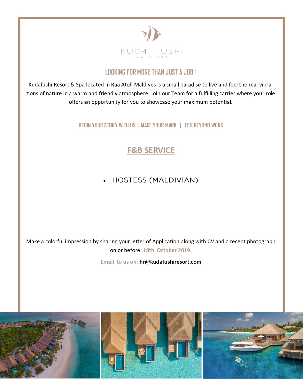 Job Maldives Fresh Jobs in Maldives Hostess Job Vacancy at Kudafushi