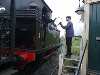 Tom exchanges tokens with Rob at Marley Hill signalbox
