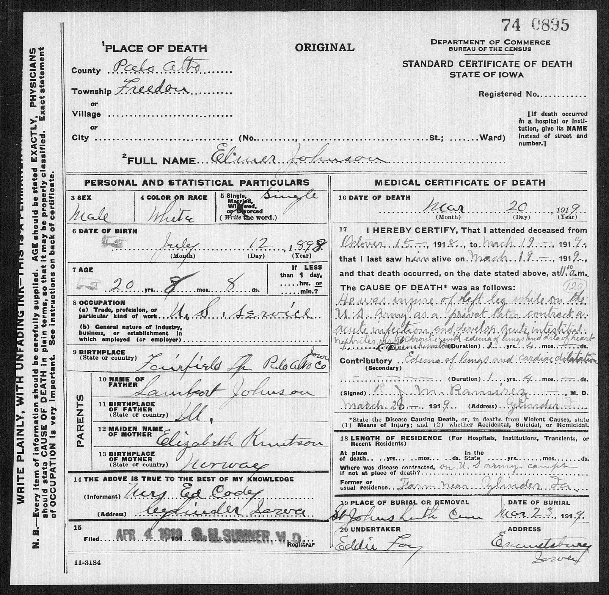 Elmer Levi Johnson - Death Certificate
