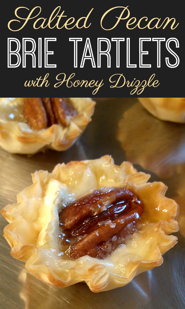A fun and easy appetizer recipe made with mini phyllo cups filled with creamy brie, toasty pecans and sea salt drizzled with honey.