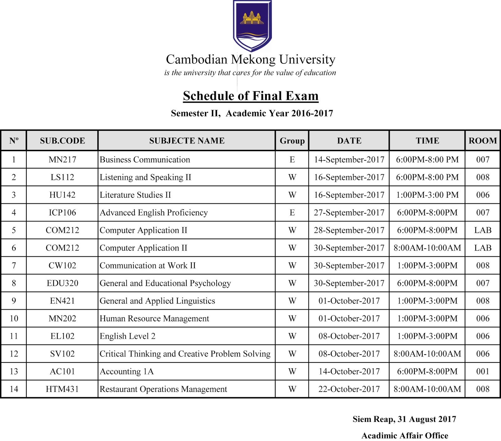 Schedule of Final Exam for Academic Year 20162017 S2 Mekong Training