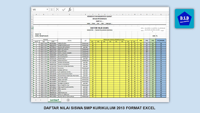 daftar nilai siswa smp kurikulum 2013 [format excel]