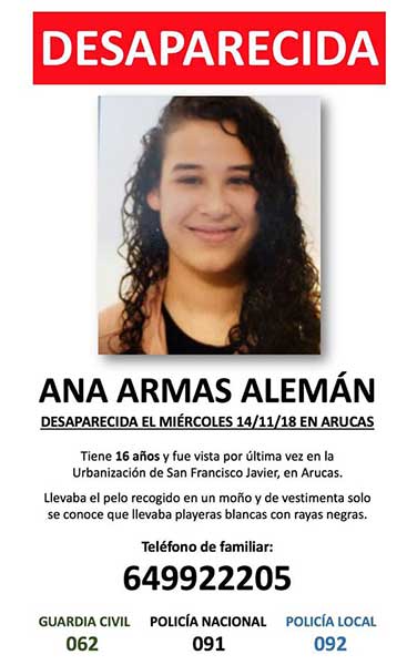 Menor 16 años desaparecida en Arucas, Ana Armas Menor 16 años desaparecida en Arucas, Ana Armas