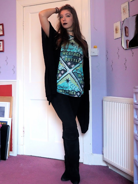 Mystical Mischief - Halloween witch inspired outfit of Harry Potter top, with black cardigan, leggings & knee high boots