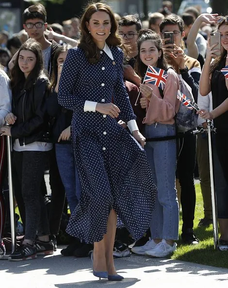 Kate Middleton Alessandra Rich pleated polka dot silk midi dress, Annoushka pearl and Kiki diamond hoop earrings