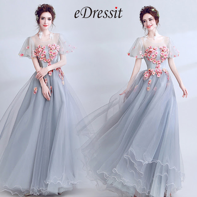 grey floral embroidery prom evening ball dress