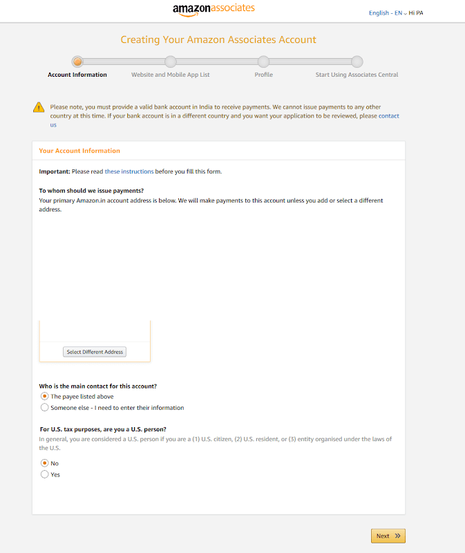 Amazon affiliate form for account information