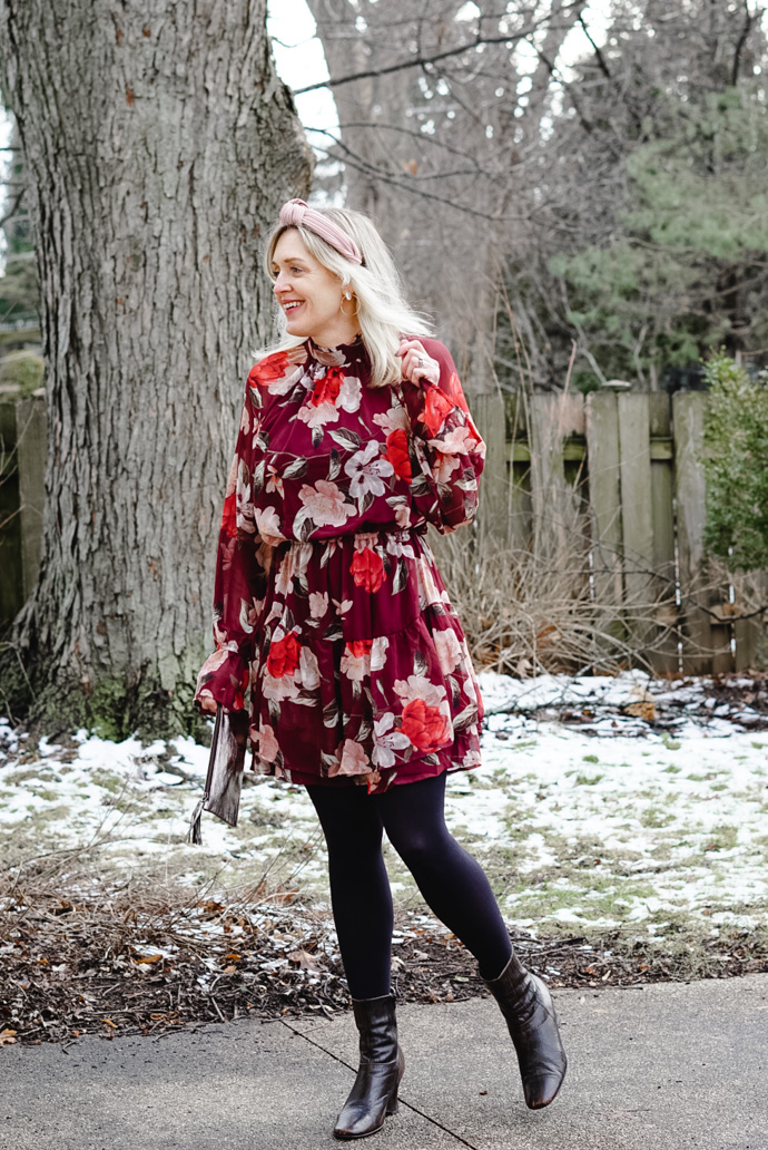 red floral dress for Valentine's Day dinner