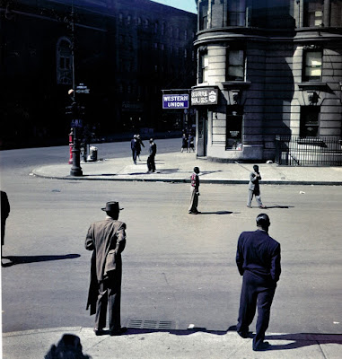 color photograph of a Stickball on St. Nicholas Avenue, East Harlem, 1947