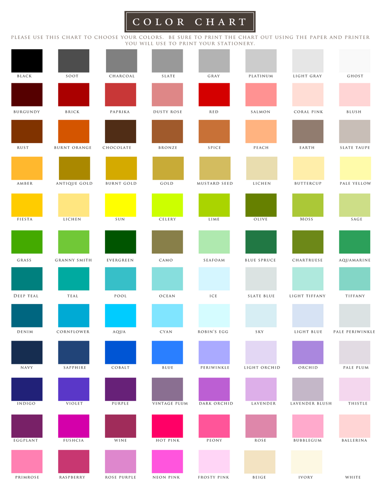 Signatures by Sarah: Color Chart