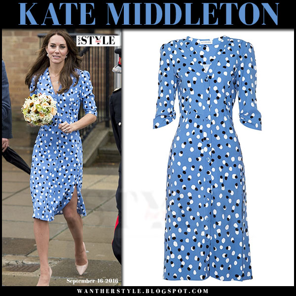 Kate Middleton in light blue dot print midi dress in Harlow on ...
