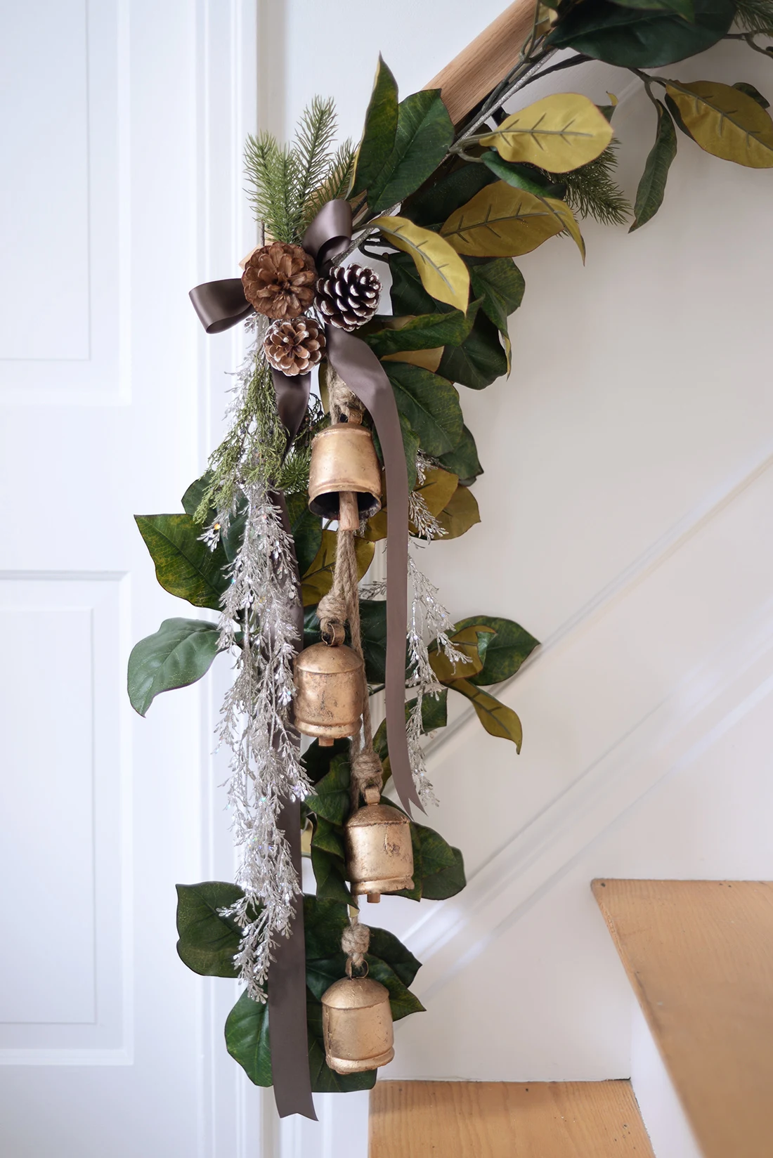 stair garland, magnolia garland, neutral Christmas decor