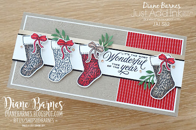 Handmade Christmas stockings card using Stampin Up Tidings and Trimmings stamp set and die bundle, Heartwarming Hugs paper and coloured with Stampin Blends alcohol markers. Card by Di Barnes - colourmehappy -Independent Demonstrator in Sydney Australia. 2021-2022 annual catalogue