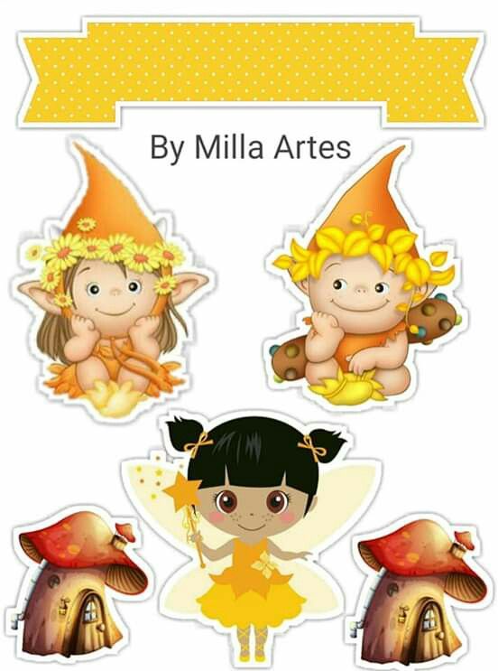 Fairies and Trolls in Yellow Free Printable Cake Toppers. Oh My Baby!