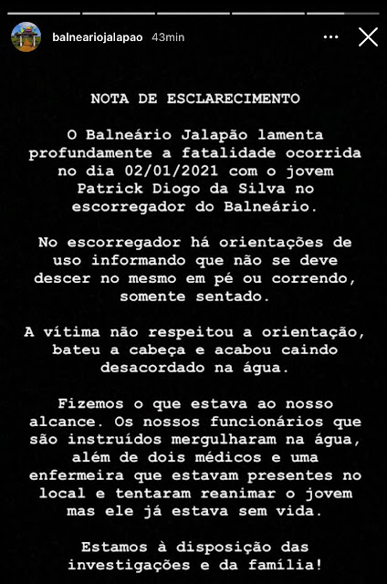 “Vítima não respeitou a orientação”, diz Balneário Jalapão em nota de esclarecimento sobre morte de jovem