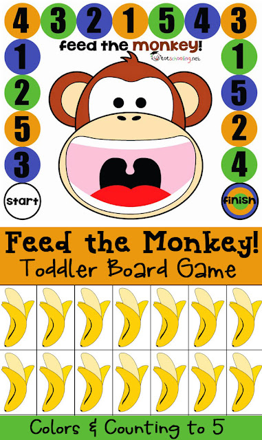 Feed the Monkey Toddler Board Game text with animated monkey