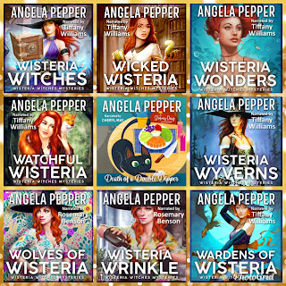 A photogrid featuring 9 audiobook covers by Angela Pepper, including books 1-8 in the Wisteria Witches series