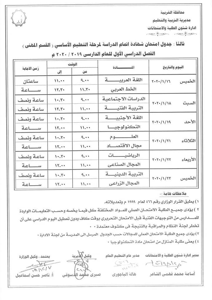 جداول امتحانات الترم الأول 2020 لجميع المحافظات.. ابتدائي - اعدادي - ثانوي 18