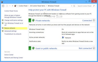 ripristinare le impostazioni predefinite di Windows Firewall