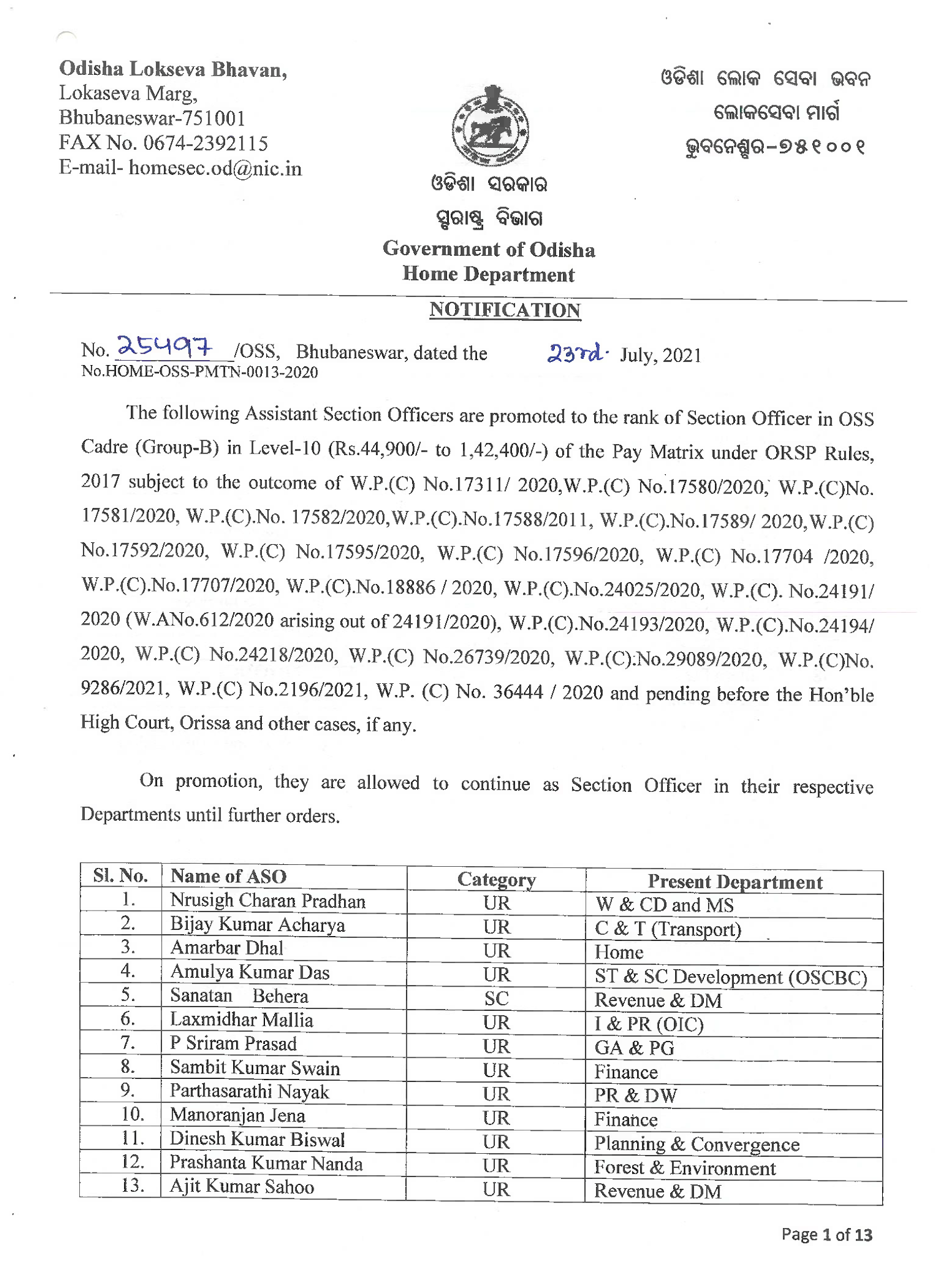 OSS TODAYS Promotion of Assistant Section Officers to the rank of