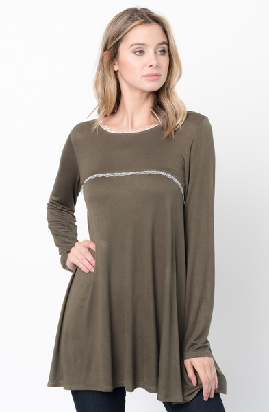 Buy Now Olive Lace Trim Long Sleeve Jersey Top Tunic Online - $34 -@caralase.com